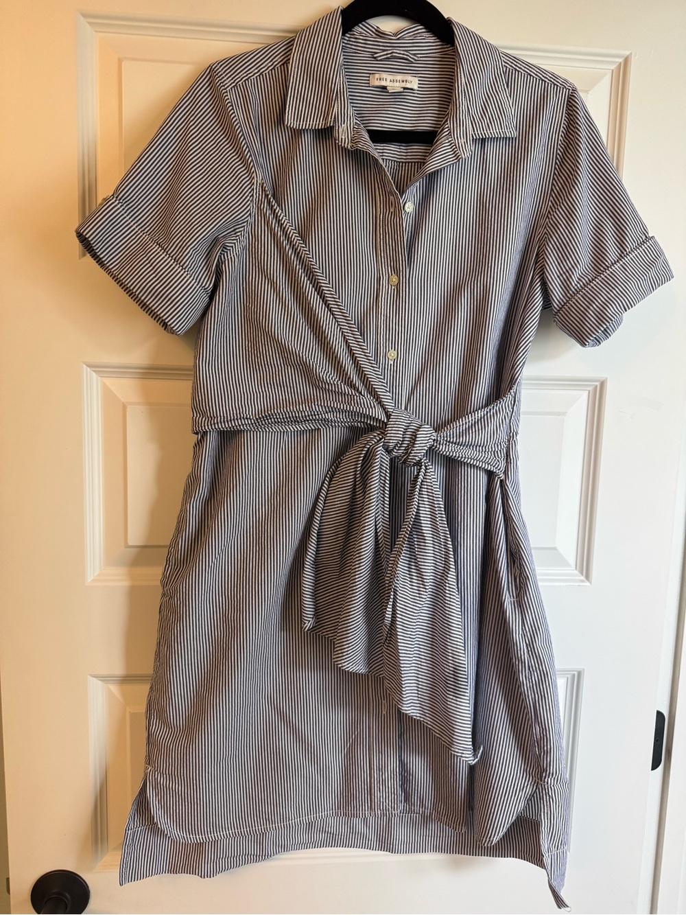 Free Assembly - Striped Wrap Shirt Dress in Blue - White Mini